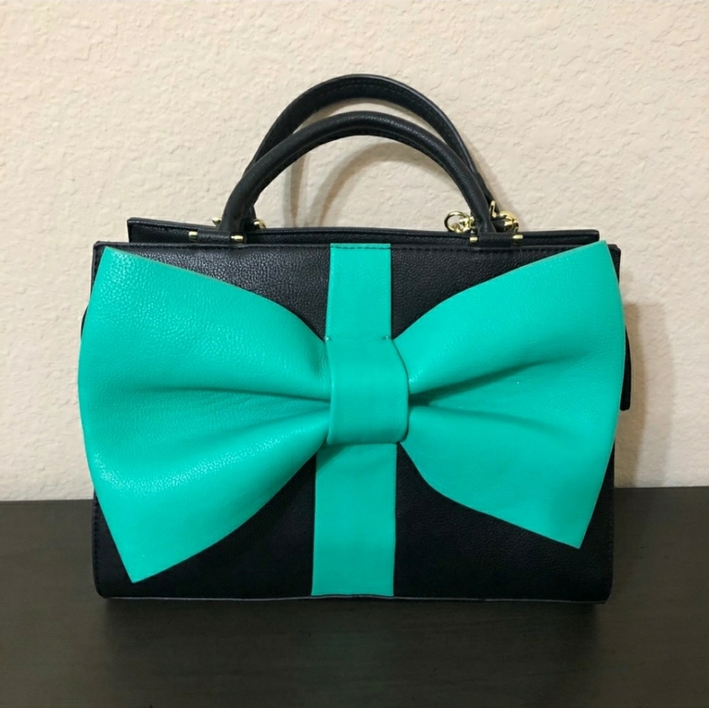 Betsey Johnson Black Handbag With Big Aqua Bow